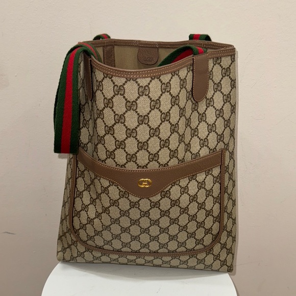 Gucci Cream and Brown Monogram Tote / Leather Trim, bright Red and green straps. - Picture 1 of 16